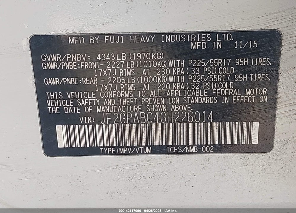 2016 SUBARU CROSSTREK VIN: JF2GPABC4GH226014