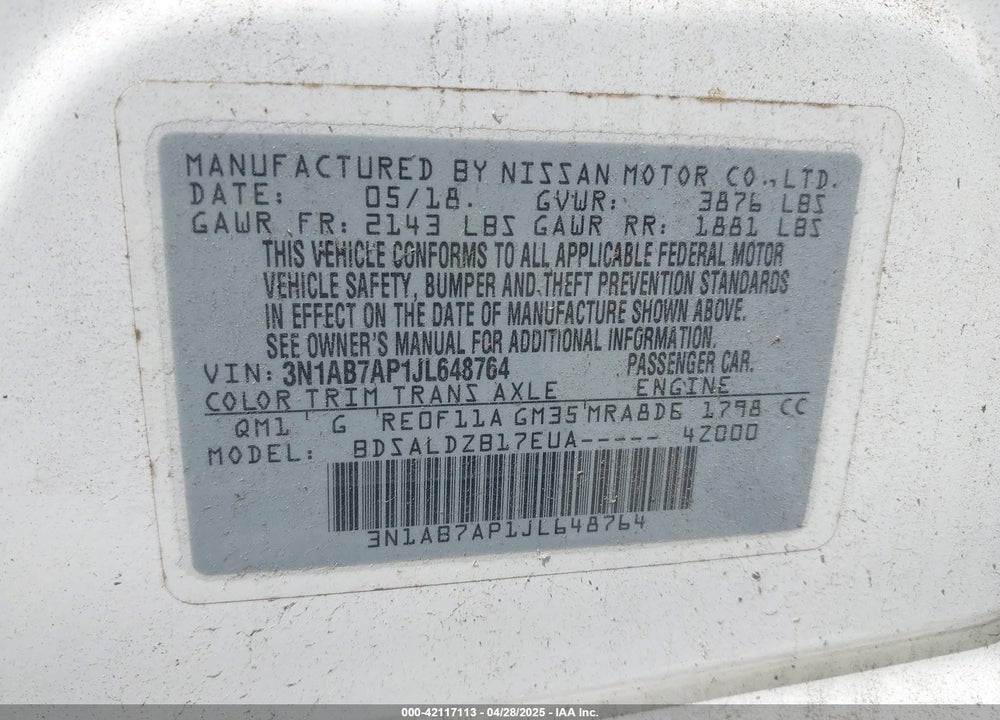 2018 NISSAN SENTRA SV VIN: 3N1AB7AP1JL648764