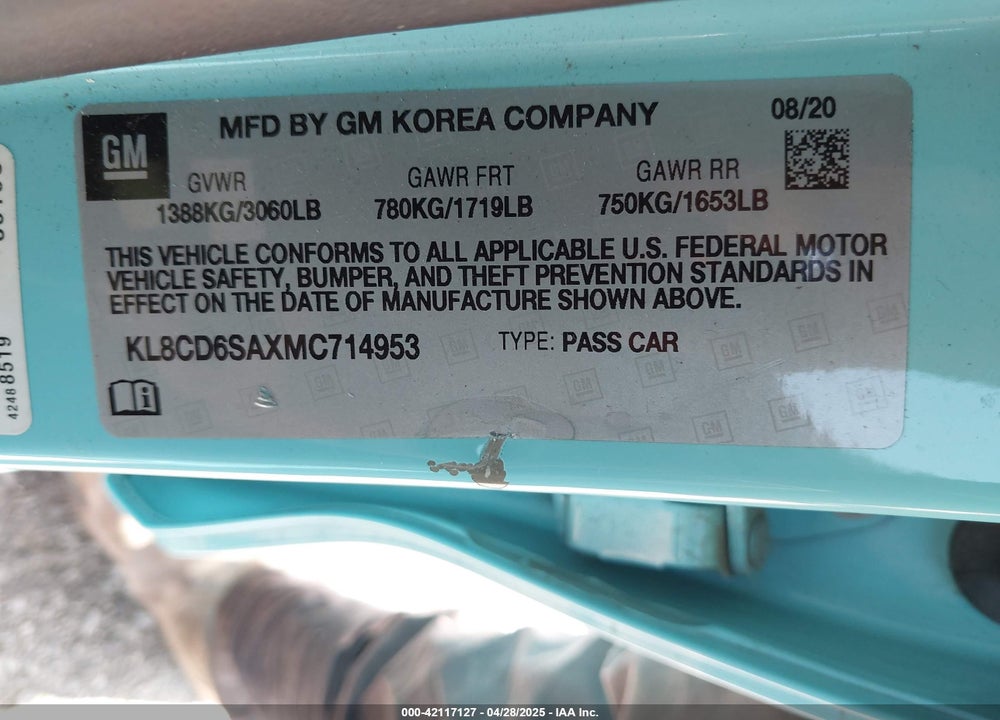 2021 CHEVROLET SPARK FWD 1LT AUTOMATIC VIN: KL8CD6SAXMC714953