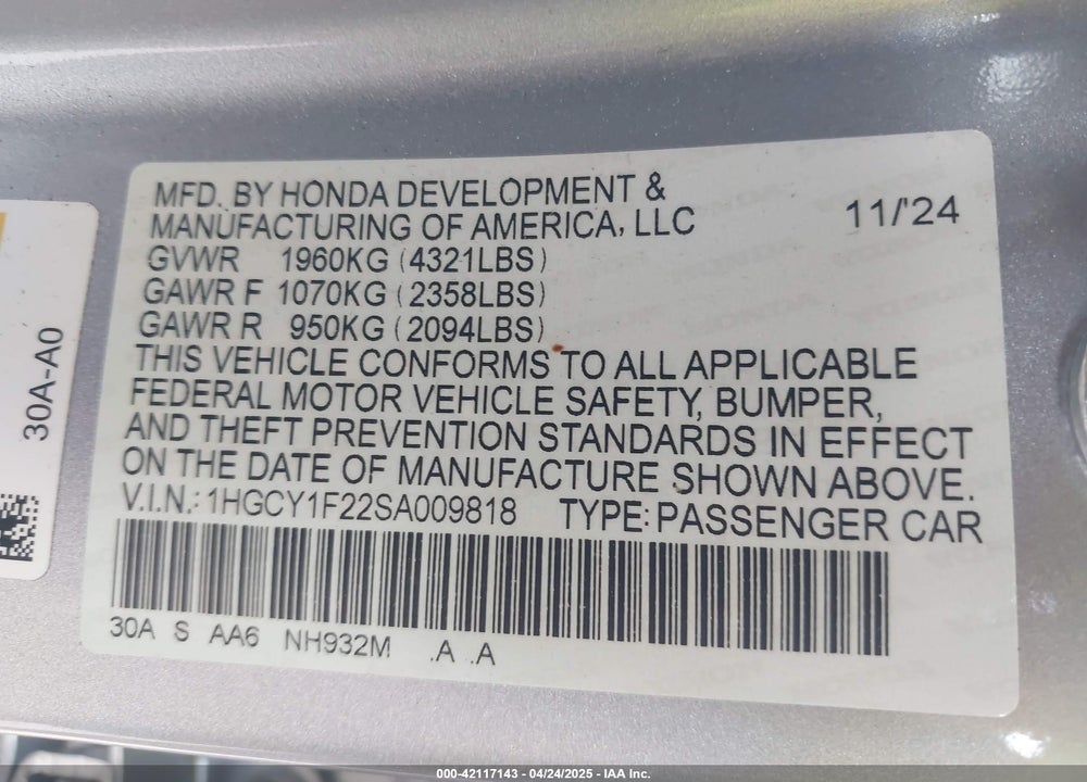 2025 HONDA ACCORD VIN: 1HGCY1F22SA009818