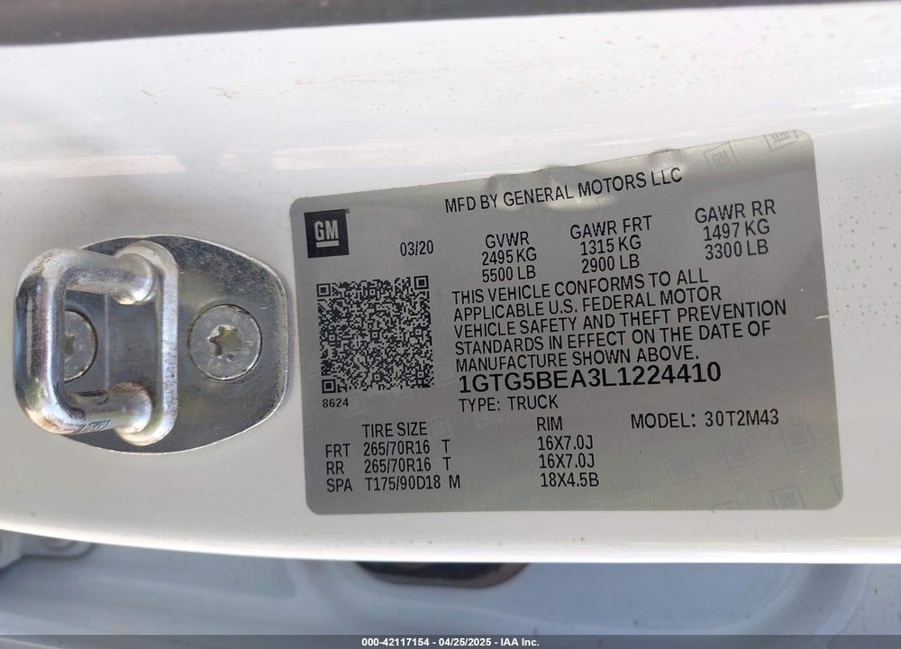 2020 GMC CANYON 2WD  SHORT BOX VIN: 1GTG5BEA3L1224410