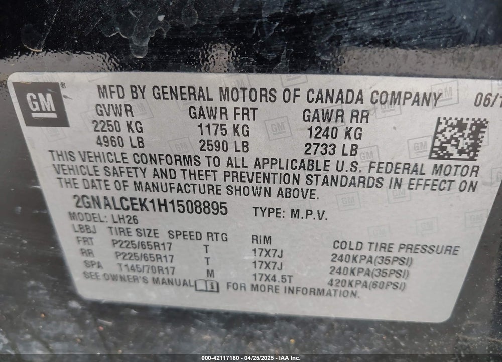 2017 CHEVROLET EQUINOX VIN: 2GNALCEK1H1508895
