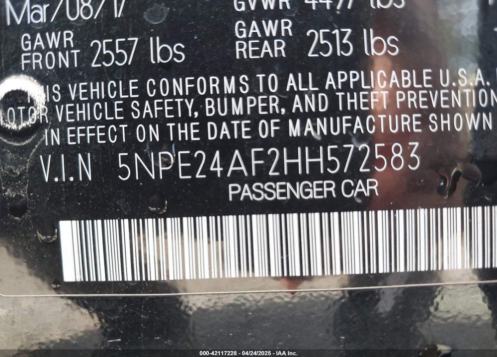 2017 HYUNDAI SONATA VIN: 5NPE24AF2HH572583