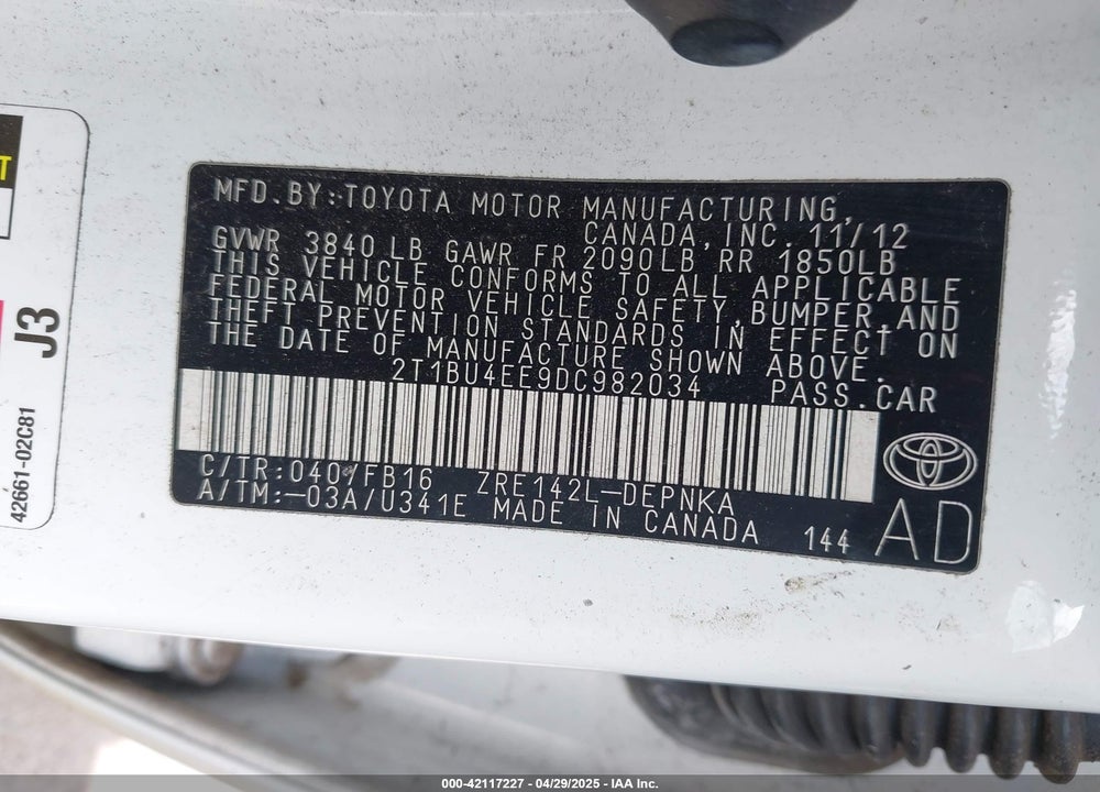 2013 TOYOTA COROLLA S/LE VIN: 2T1BU4EE9DC982034