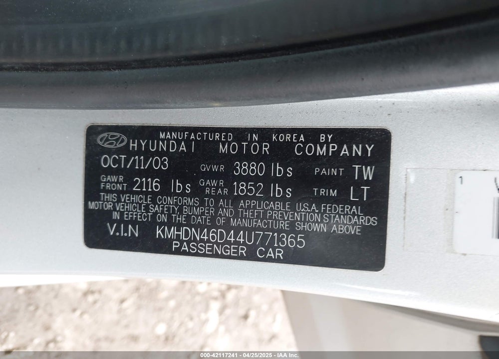 2004 HYUNDAI ELANTRA GLS/GT VIN: KMHDN46D44U771365