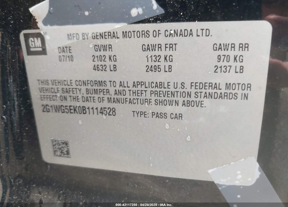 2011 CHEVROLET IMPALA LT VIN: 2G1WG5EK0B1114528