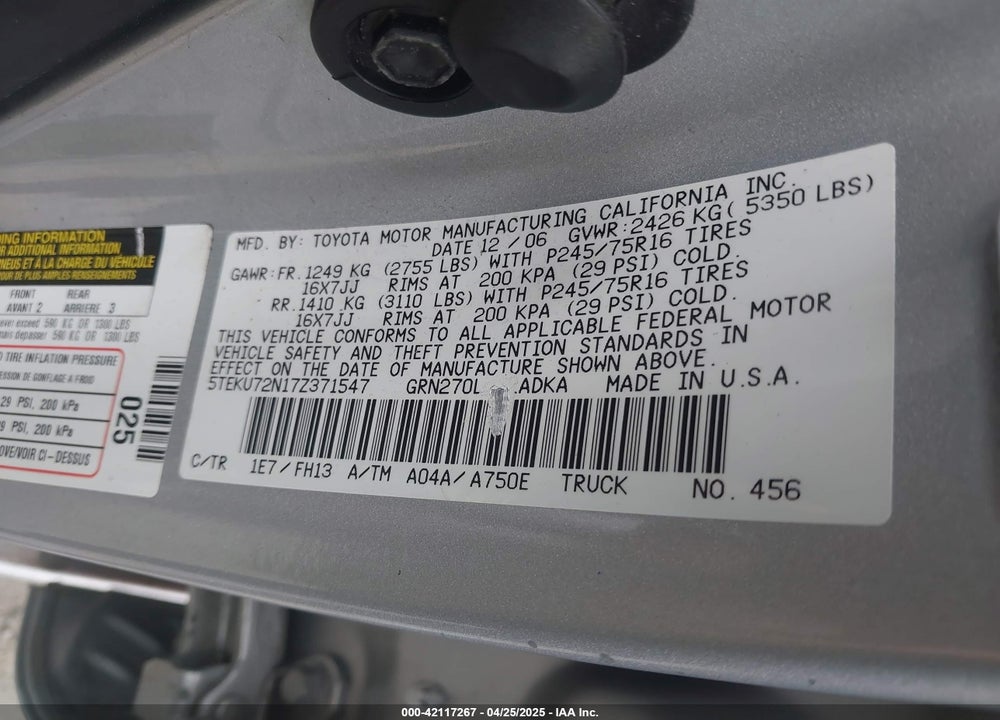 2007 TOYOTA TACOMA PRERUNNER V6 VIN: 5TEKU72N17Z371547