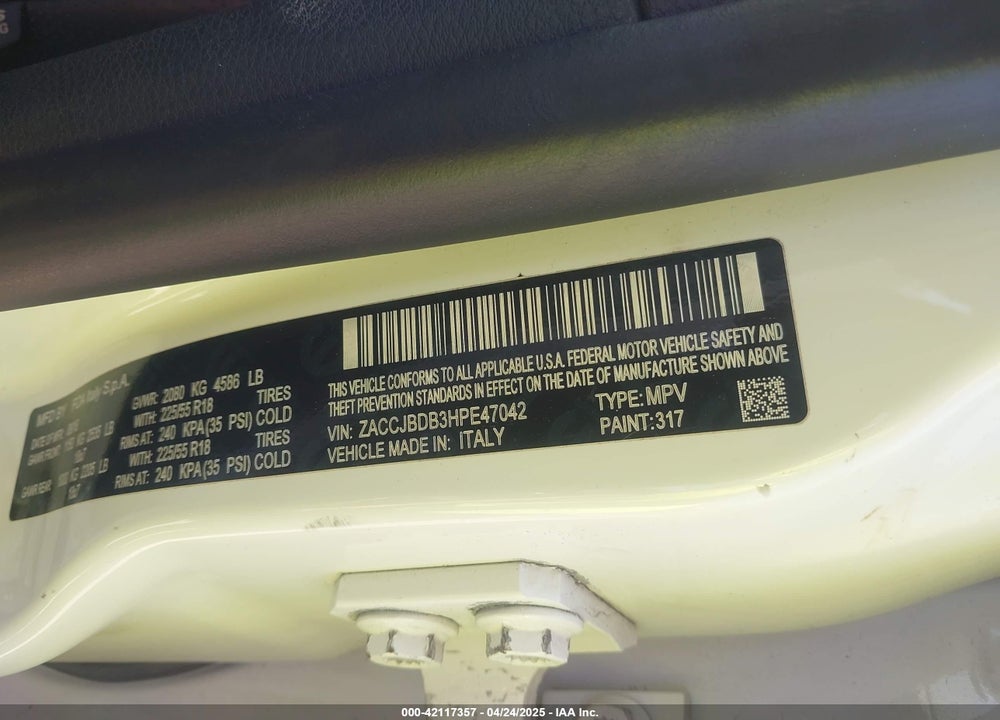 2017 JEEP RENEGADE LIMITED 4X4 VIN: ZACCJBDB3HPE47042
