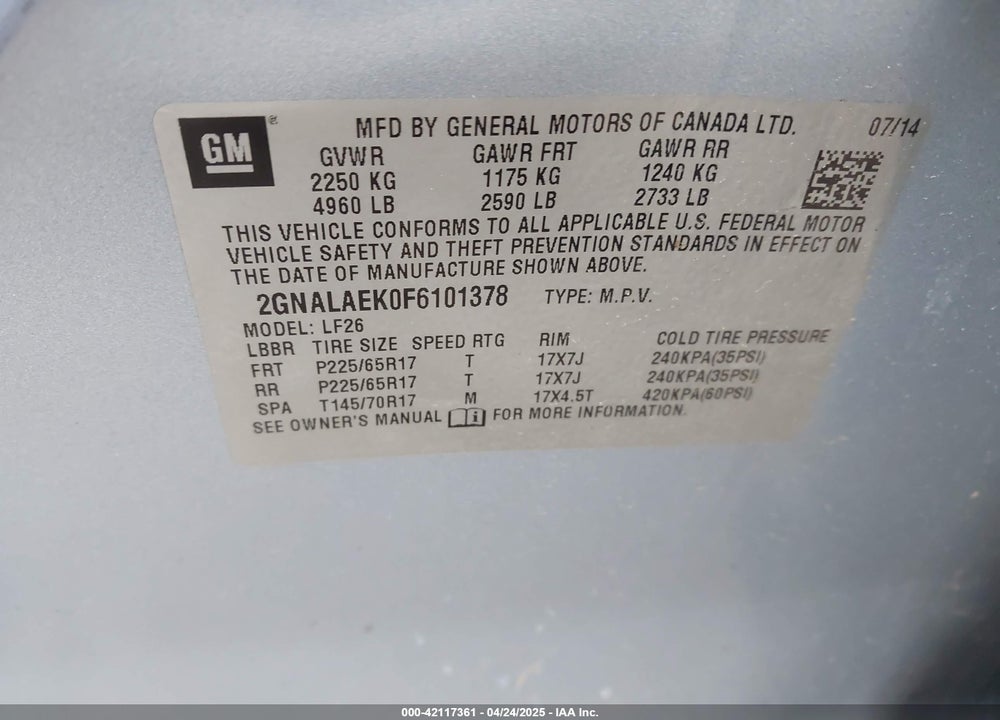 2015 CHEVROLET EQUINOX LS VIN: 2GNALAEK0F6101378
