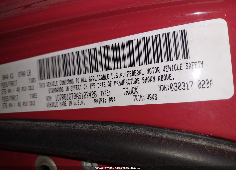 2010 DODGE RAM 1500 VIN: 1D7RB1GT9AS127428