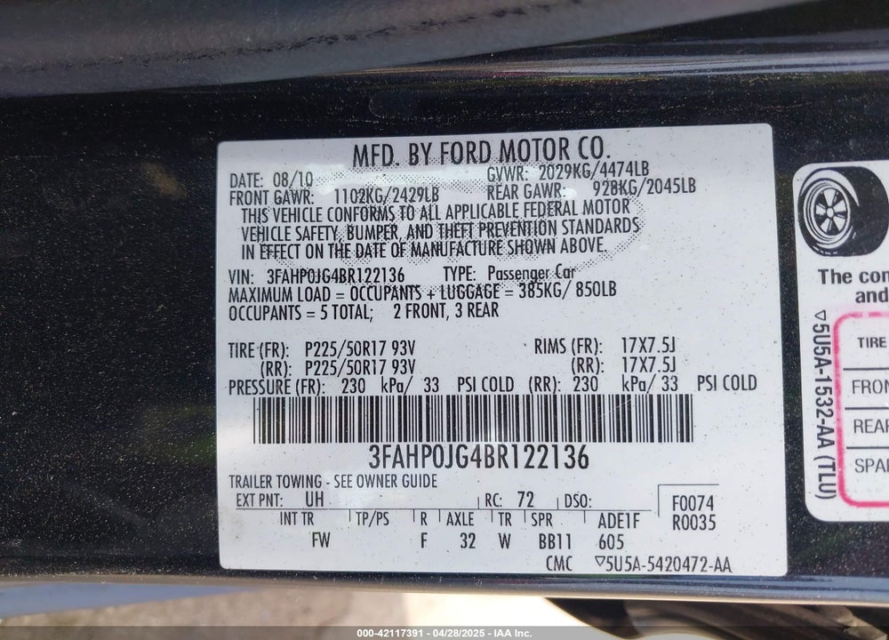 2011 FORD FUSION SEL VIN: 3FAHP0JG4BR122136
