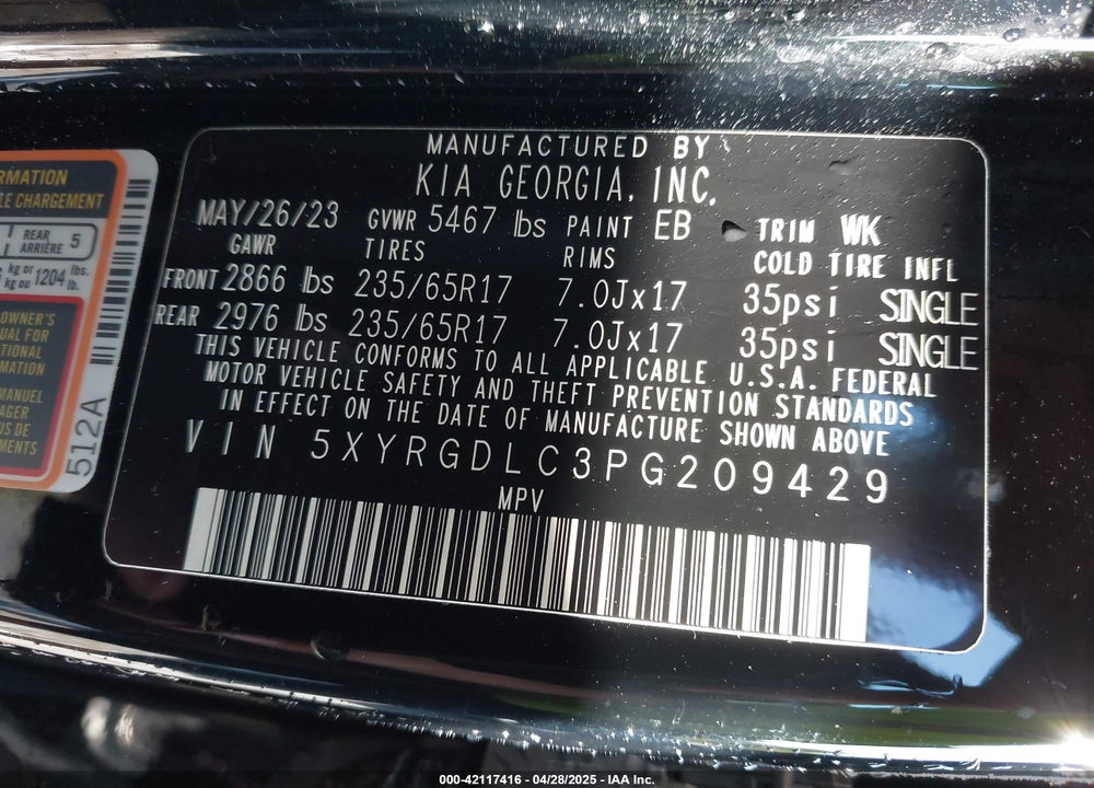 2023 KIA SORENTO VIN: 5XYRGDLC3PG209429