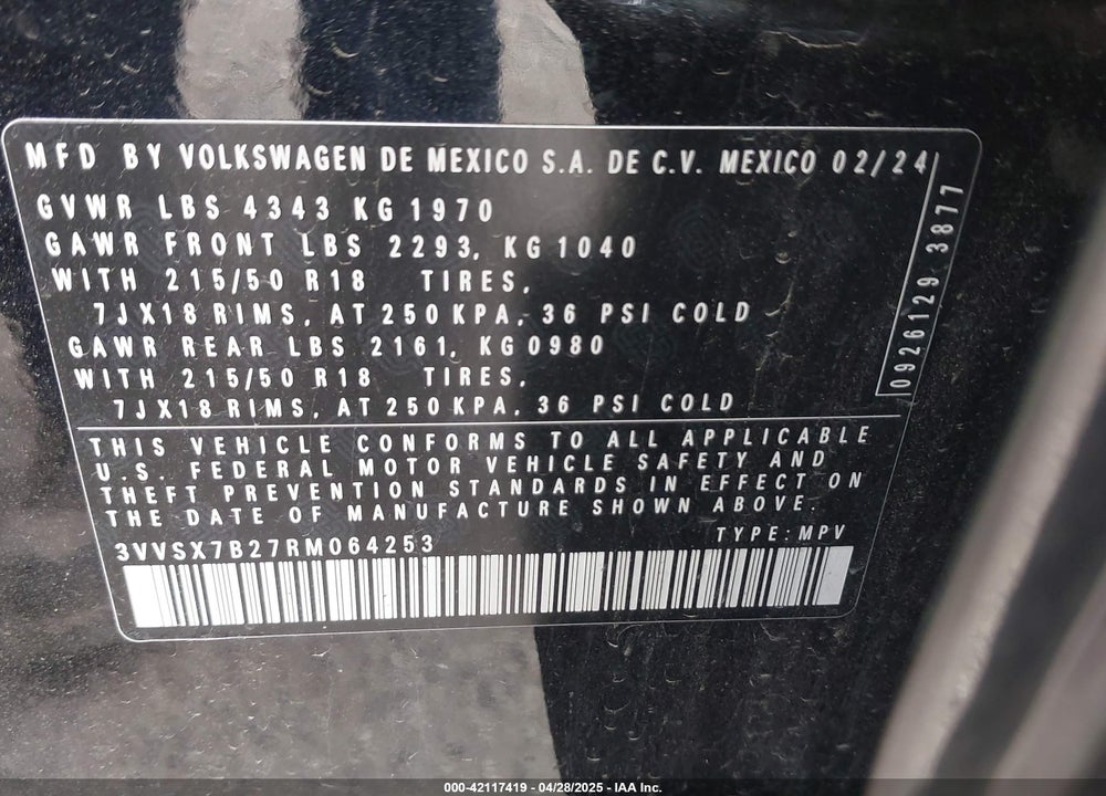 2024 VOLKSWAGEN TAOS SE VIN: 3VVSX7B27RM064253