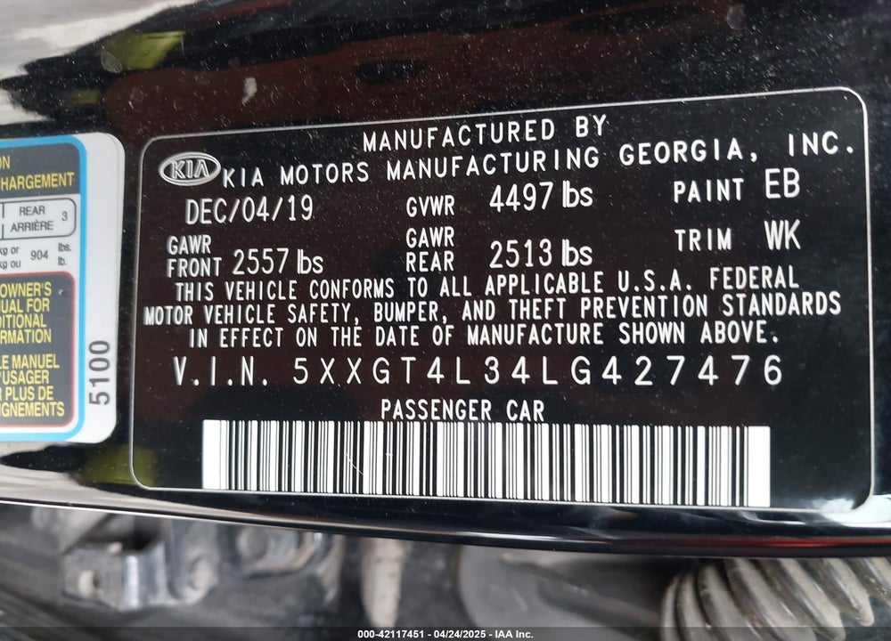 2020 KIA OPTIMA LX VIN: 5XXGT4L34LG427476