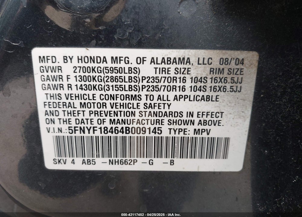 2004 HONDA PILOT EX VIN: 5FNYF18464B009145
