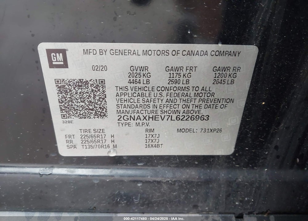 2020 CHEVROLET EQUINOX FWD LS VIN: 2GNAXHEV7L6226963