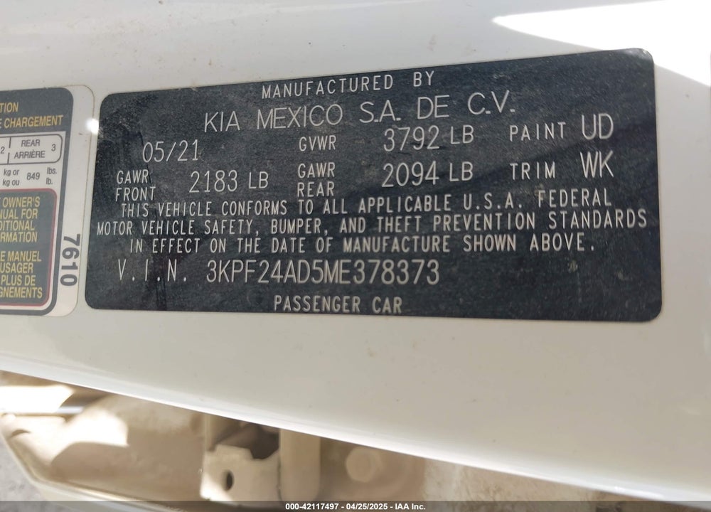 2021 KIA FORTE VIN: 3KPF24AD5ME378373