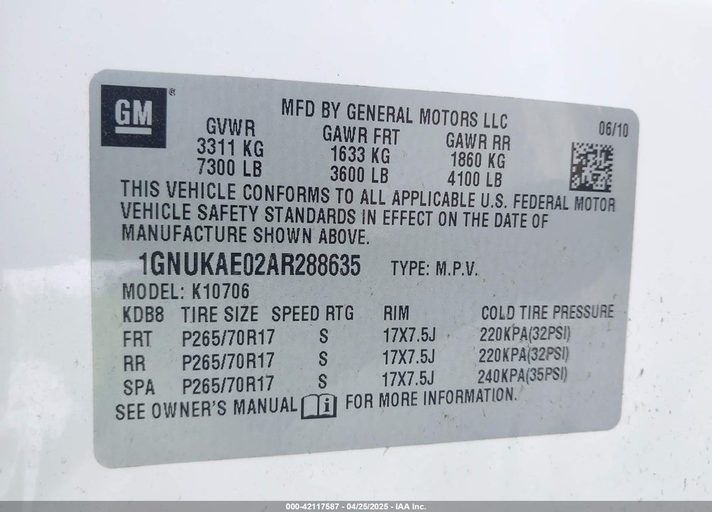 2010 CHEVROLET TAHOE LS VIN: 1GNUKAE02AR288635