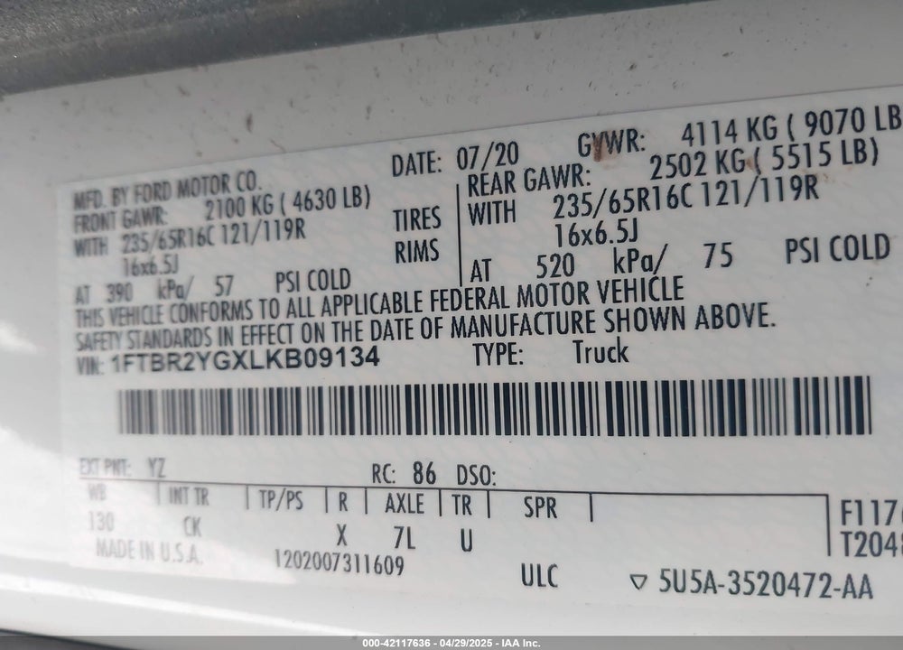 2020 FORD TRANSIT-250 VIN: 1FTBR2YGXLKB09134