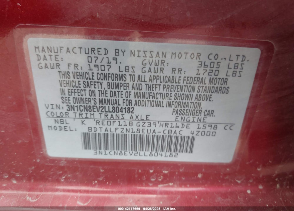 2020 NISSAN VERSA VIN: 3N1CN8EV2LL804182