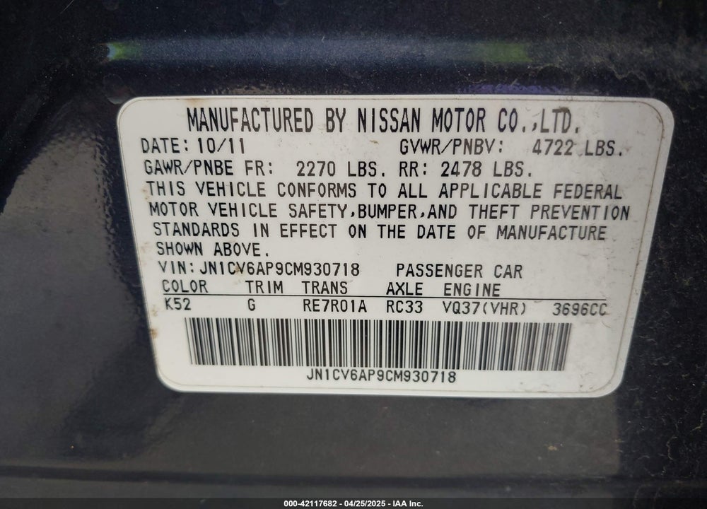 2012 INFINITI G37 VIN: JN1CV6AP9CM930718