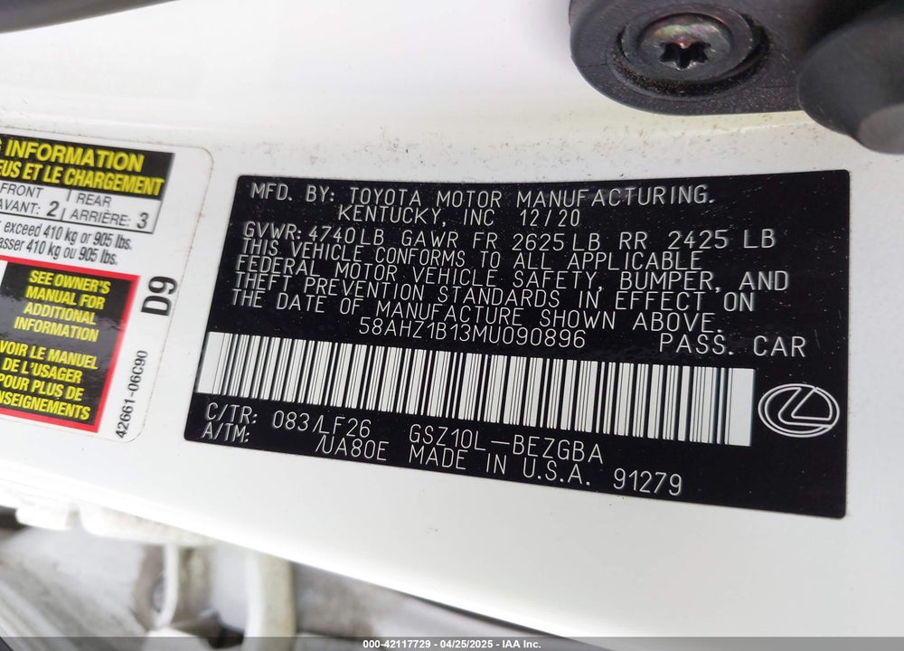 2021 LEXUS ES 350 VIN: 58AHZ1B13MU090896