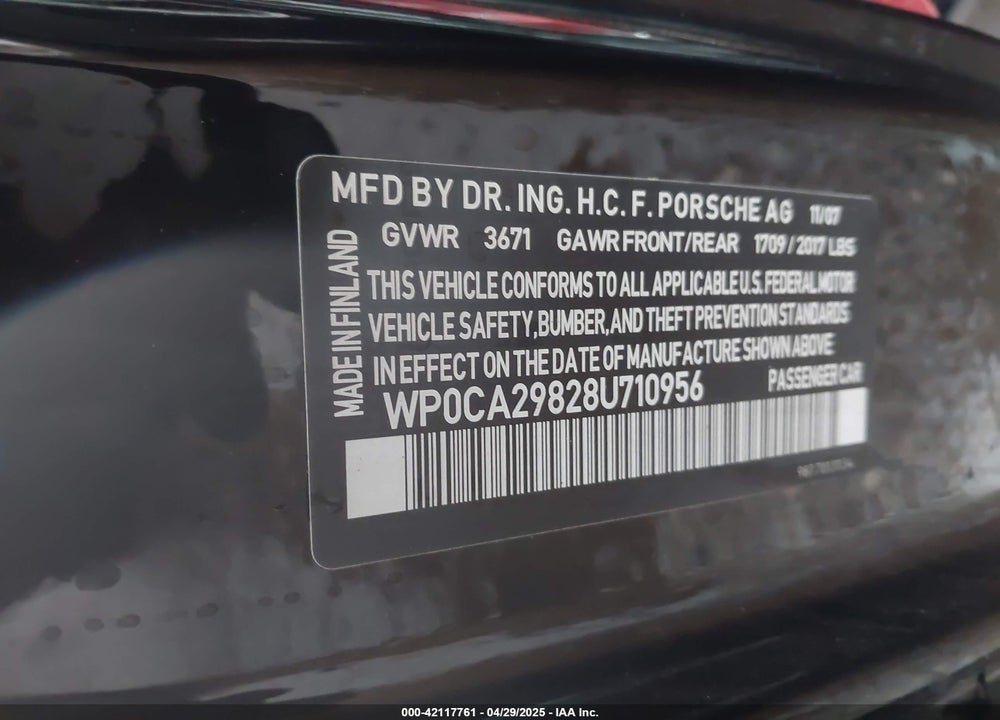 2008 PORSCHE BOXSTER LIMITED EDITION VIN: WP0CA29828U710956