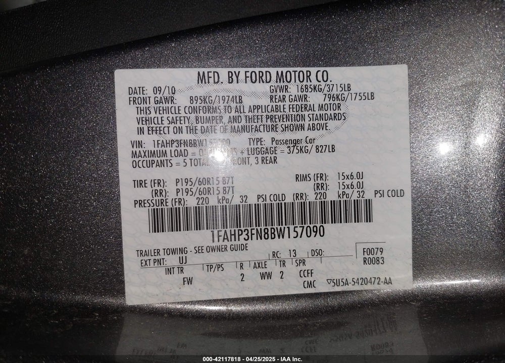 2011 FORD FOCUS VIN: 1FAHP3FN8BW157090