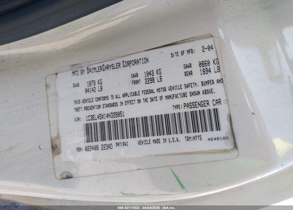 2004 CHRYSLER SEBRING VIN: 1C3EL45X14N328051