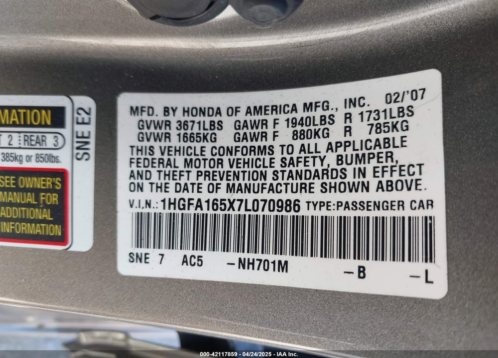 2007 HONDA CIVIC LX VIN: 1HGFA165X7L070986