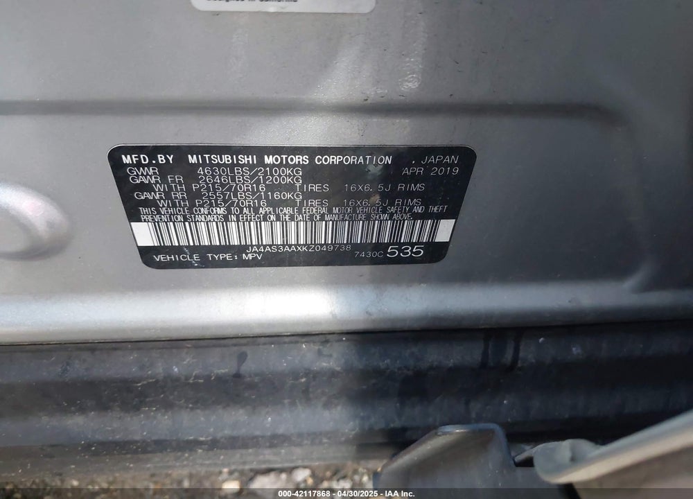2019 MITSUBISHI ECLIPSE CROSS VIN: JA4AS3AAXKZ049738