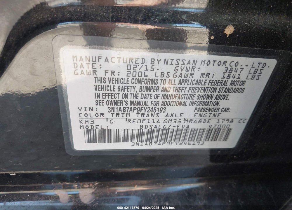 2015 NISSAN SENTRA VIN: 3N1AB7AP9FY246193