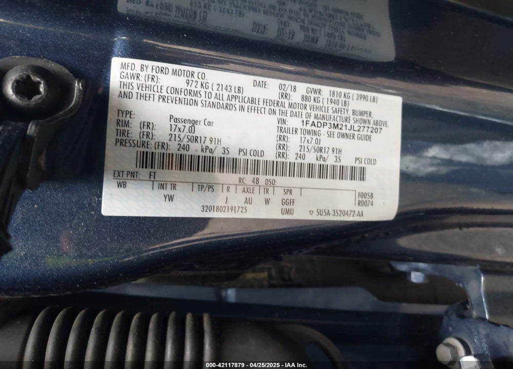 2018 FORD FOCUS VIN: 1FADP3M21JL277207