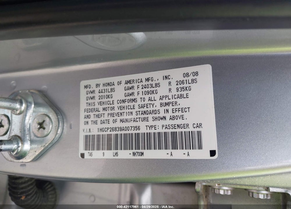 2009 HONDA ACCORD VIN: 1HGCP26839A007356