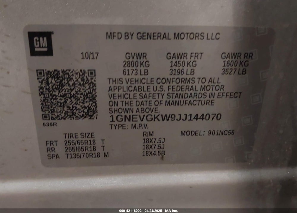 2018 CHEVROLET TRAVERSE 1LT VIN: 1GNEVGKW9JJ144070
