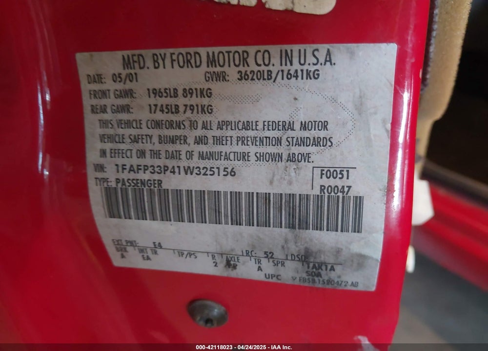 2001 FORD FOCUS LX VIN: 1FAFP33P41W325156