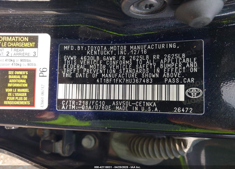 2017 TOYOTA CAMRY VIN: 4T1BF1FK7HU367483