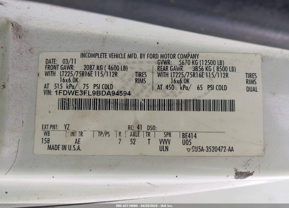 2011 FORD E-350 CUTAWAY VIN: 1FDWE3FL9BDA94594