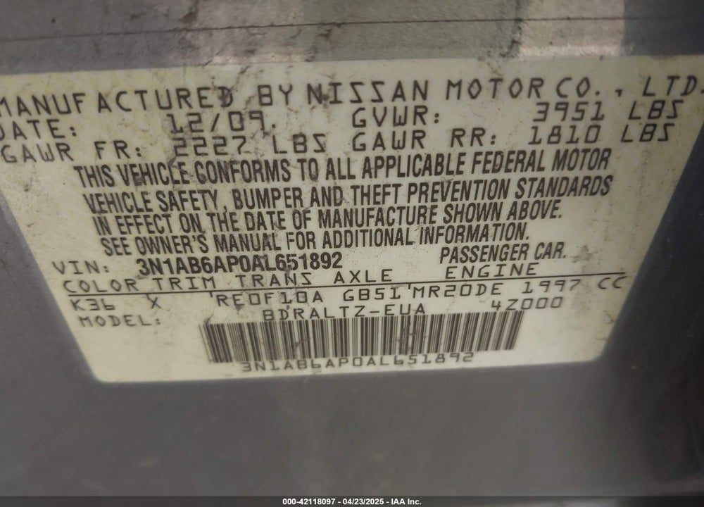 2010 NISSAN SENTRA VIN: 3N1AB6AP0AL651892