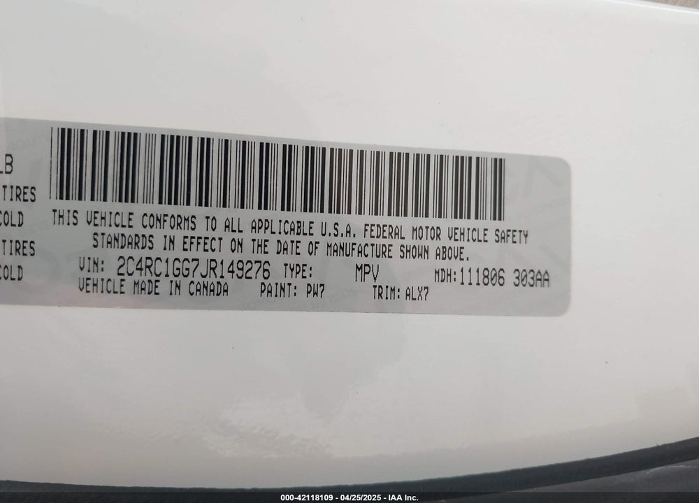 2018 CHRYSLER PACIFICA LIMITED VIN: 2C4RC1GG7JR149276