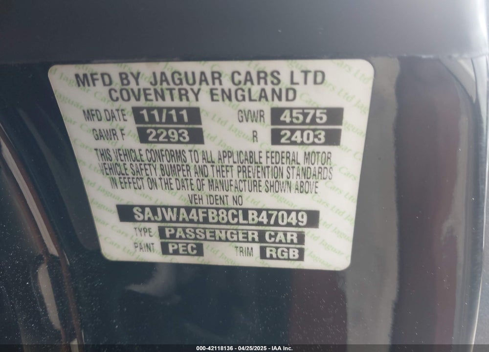 2012 JAGUAR XK VIN: SAJWA4FB8CLB47049