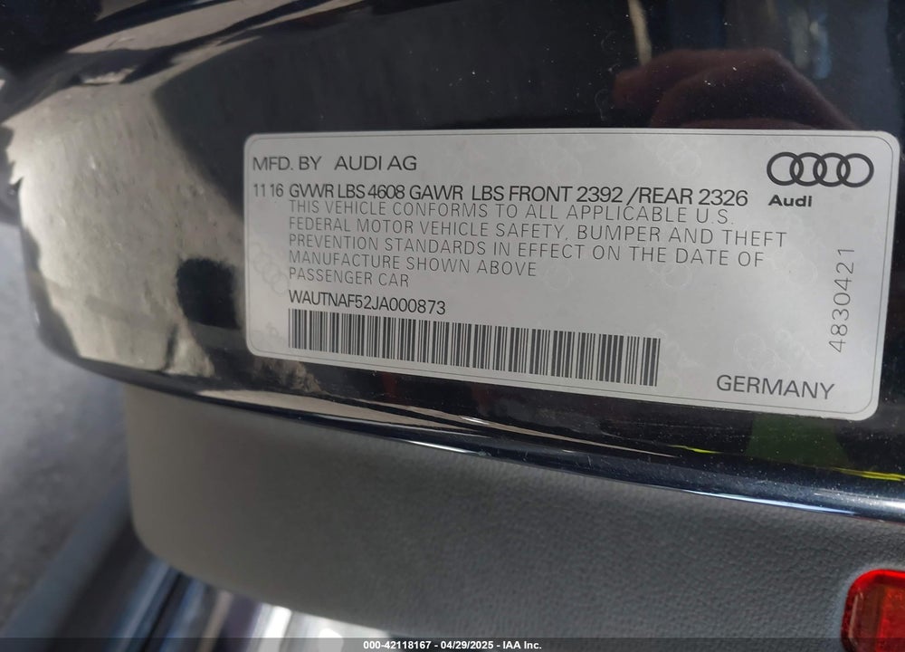 2018 AUDI A5 VIN: WAUTNAF52JA000873