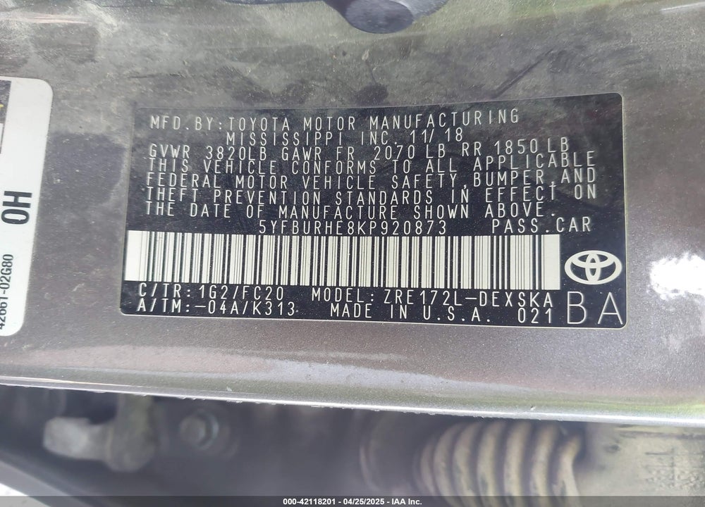 2019 TOYOTA COROLLA SE VIN: 5YFBURHE8KP920873