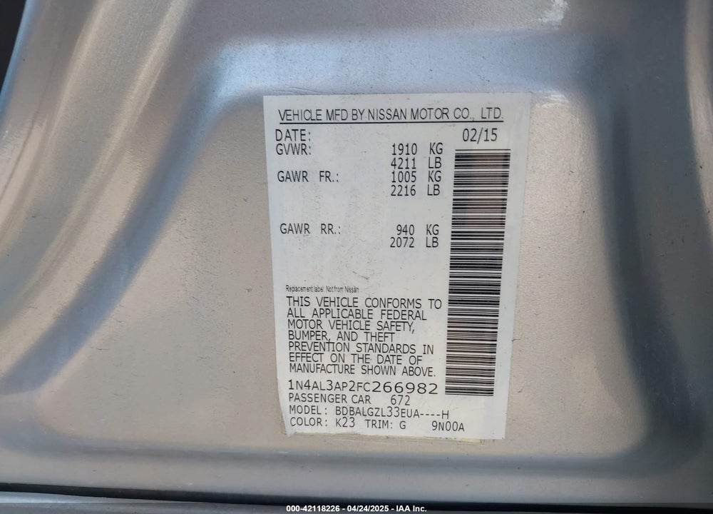 2015 NISSAN ALTIMA 2.5 S VIN: 1N4AL3AP2FC266982
