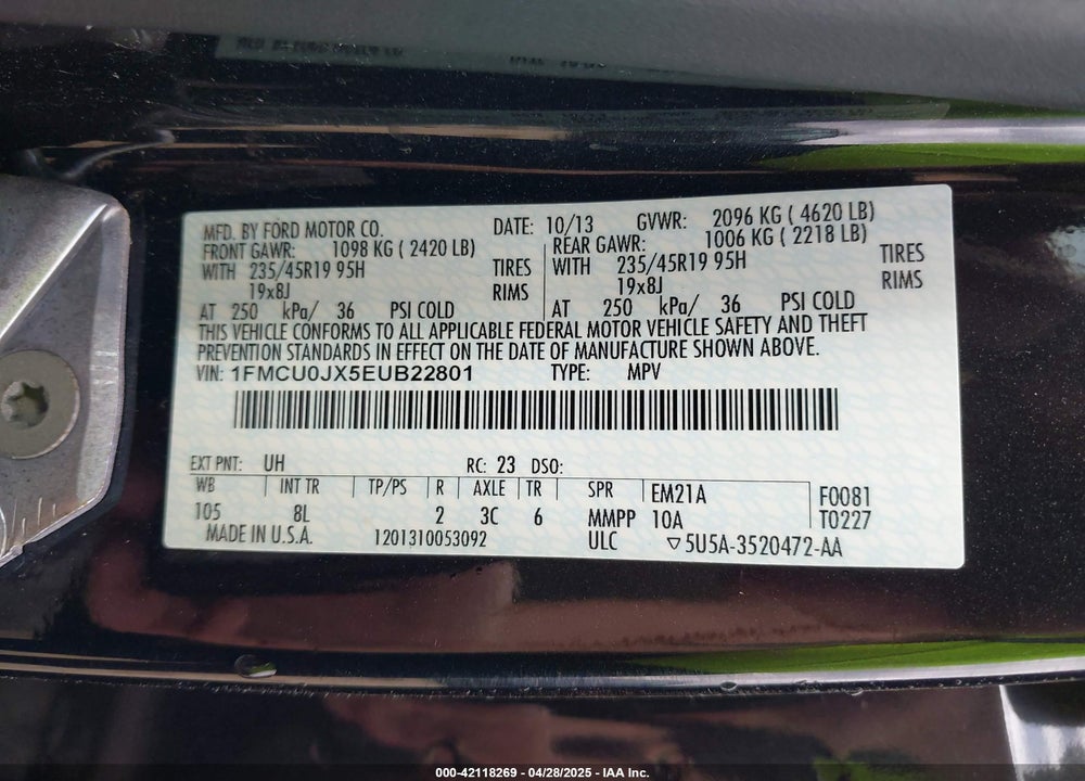 2014 FORD ESCAPE TITANIUM VIN: 1FMCU0JX5EUB22801