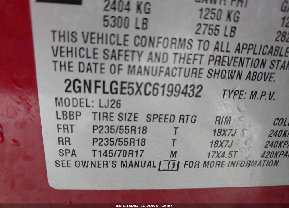 2012 CHEVROLET EQUINOX LTZ VIN: 2GNFLGE5XC6199432