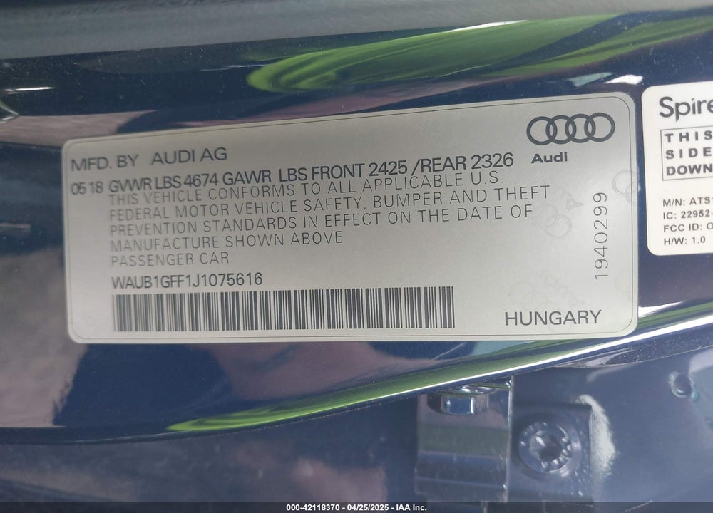 2018 AUDI S3 2.0T PREMIUM PLUS/2.0T TECH PREMIUM PLUS VIN: WAUB1GFF1J1075616