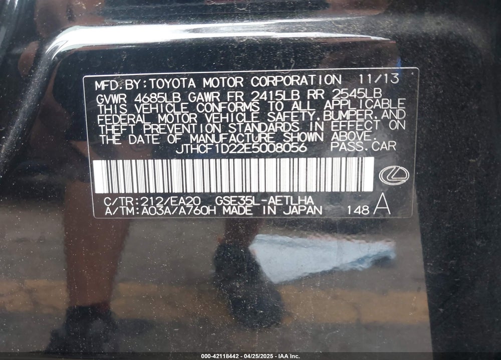 2014 LEXUS IS VIN: JTHCF1D22E5008056