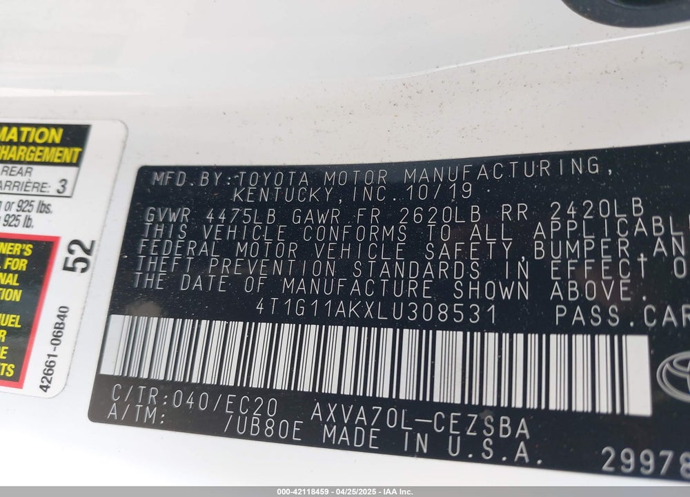 2020 TOYOTA CAMRY VIN: 4T1G11AKXLU308531