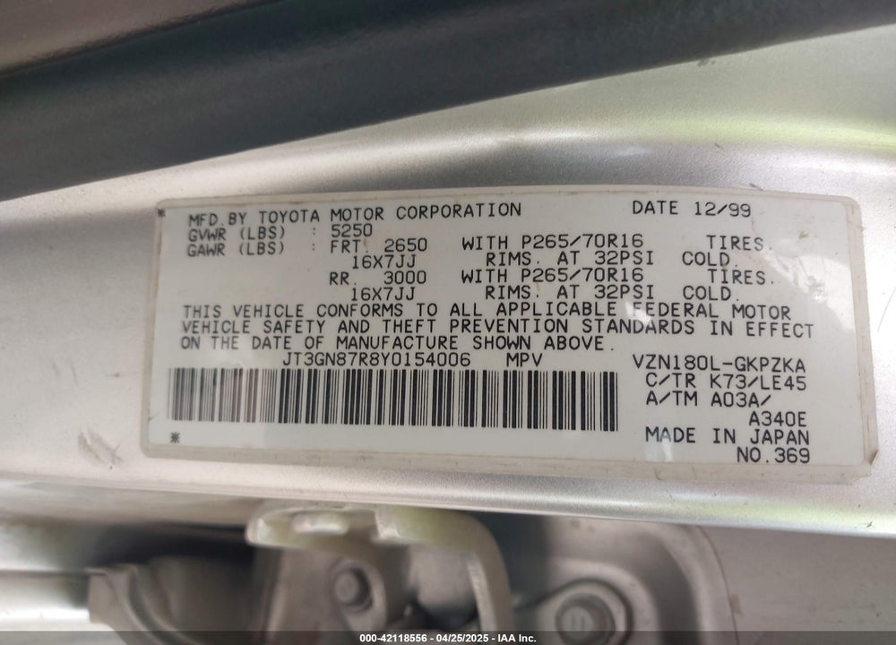 2000 TOYOTA 4RUNNER LIMITED V6 VIN: JT3GN87R8Y0154006